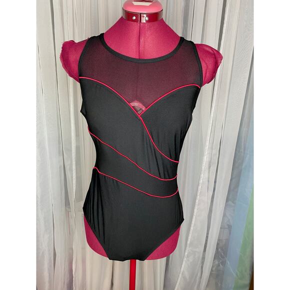 Robby Len swimfashion one piece swimsuit Vintage mesh black red - Picture 1 of 9